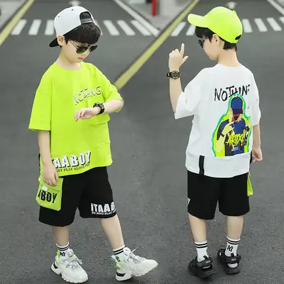Summer Thin Boy's Neon Short Sleeve T-Shirt & Black Half Shorts Set