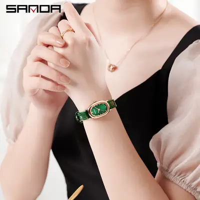 Sanda Quartz Watch Green Emerald Oval Women's Compact Waterproof