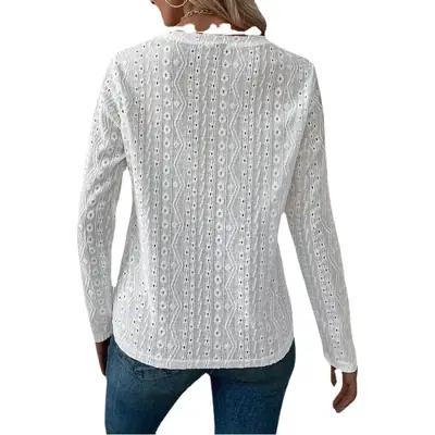 2024 White Long Sleeve Hollow Embroidered Shirt for Women