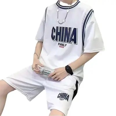 Male China Print Basketball Suit White Shorts Set