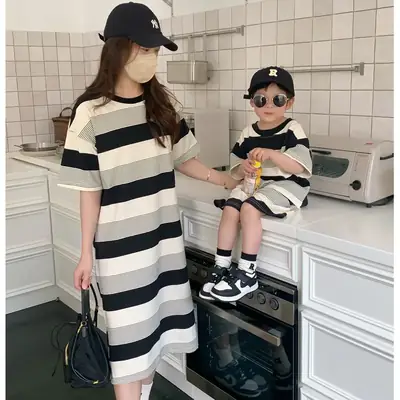 Striped Family Suit for Women Black Beige T23X88