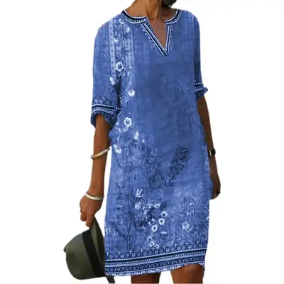 Women Printed V-neck Ethnic Dress Green Floral