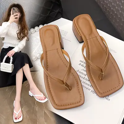 Flip-Flops Women's 2023 Summer New Fashionable Outer Wear Square Toe Thick Heel Non-Slip Beach Flip-Flops Women's Fashionable