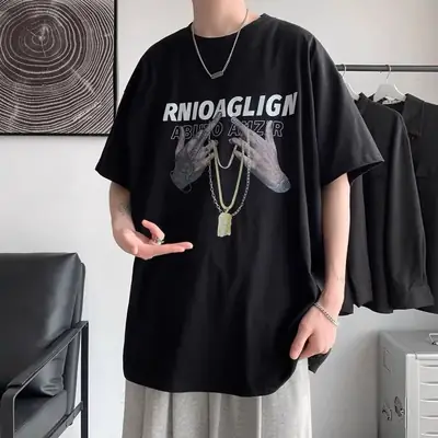 Men Black Graphic T-Shirt Short Sleeve Summer Loose Fit