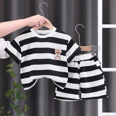 Children Striped Cotton T-Shirt Shorts Set Black White