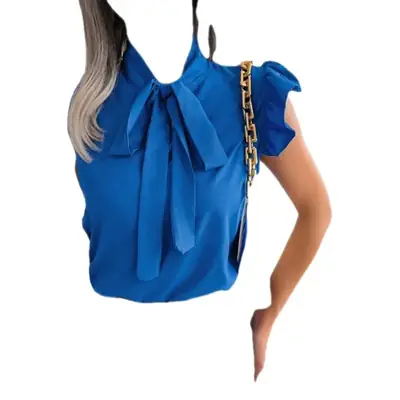 Blue Bow Short Sleeve Top for Women Summer Wear