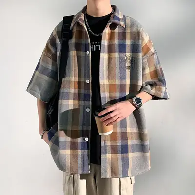 Men's Plaid Short Sleeve Shirt 2023 Summer Loose Fit