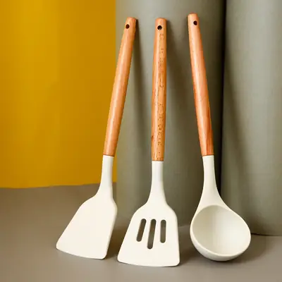 INS white wooden handle silicone spatula kitchenware 3 piece set silicone spatula suit kitchen soup spoon cooking kitchenware spatula