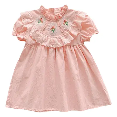 French Retro Rose Embroidered Girls Dress Pink White