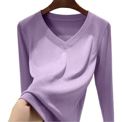 Women V-Neck Long Sleeve T-Shirt Brown 2025