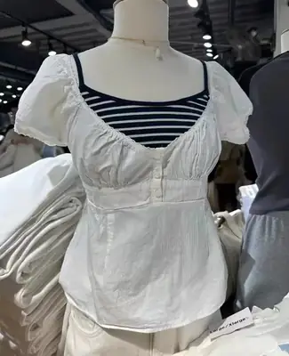 White Ruffled U-Neck Top with Puff Sleeves for Women