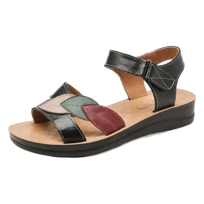 Women's Cowhide Peep Toe Sandals Black Red