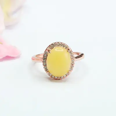 Yellow Honey Amber Ring with Diamond Set