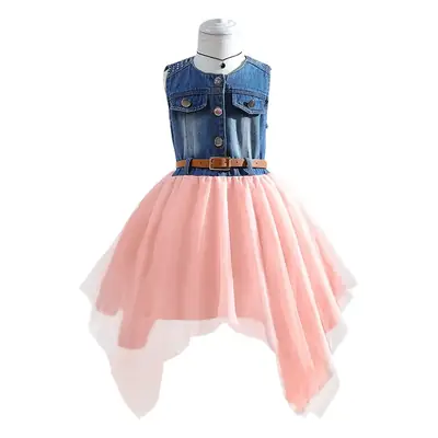 Girls Denim Sleeveless Skirt Dress Pink