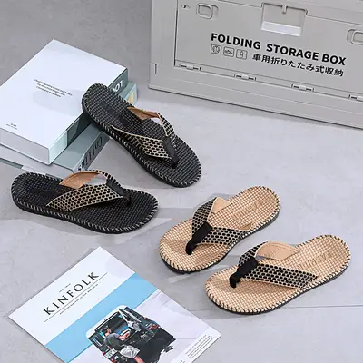 Flip-flops men's summer outerwear Vietnamese slippers men's linen woven non-slip breathable pinch beach casual men's shoes