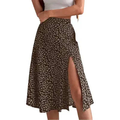 2025 Floral Skirt Mid Waist Slit A-Line European Style