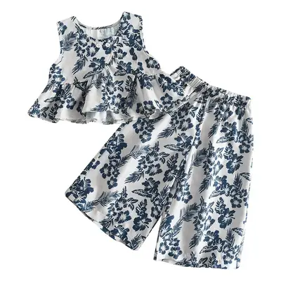 Korean Style Girls Floral Vest & Wide Leg Pants Set