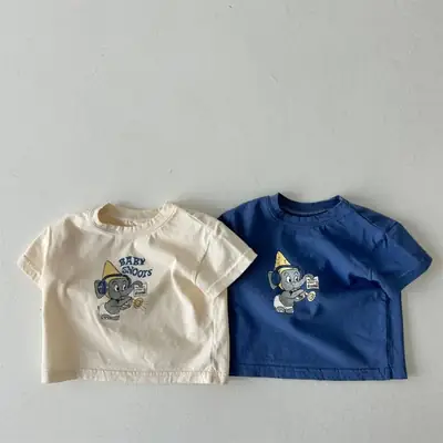 Kids Cartoon T-Shirts White Blue Soft Cotton Summer