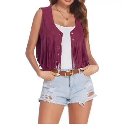 Women's Maroon Fringe Suede Vest with Button Front