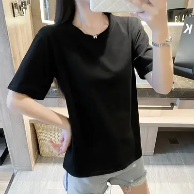 Women Black Round Neck Short Sleeve T-Shirt Slim Fit Casual Wear