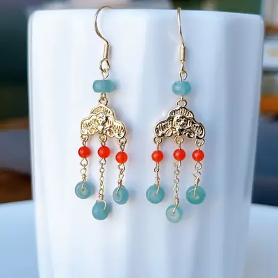 Chinese Style Jadeite Earrings with Red Accents 14K Gold