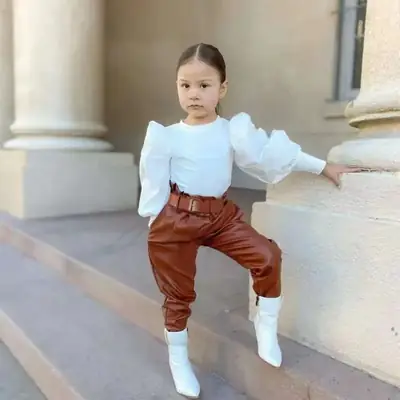 Girls Black Sweatshirt Brown Leather Pants Set 2023