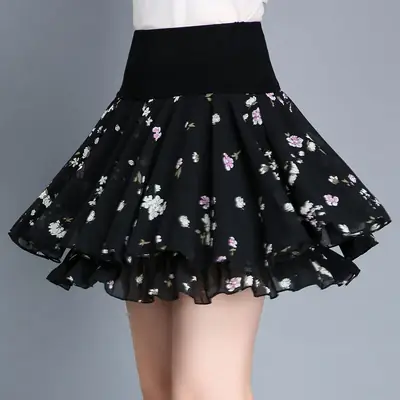 Anti-Exposure Printed Chiffon Floral Skirt High Waist Plus Size