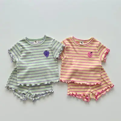 Korean Baby Striped Ear Edge Suit Grape Crewneck Two-Piece Set