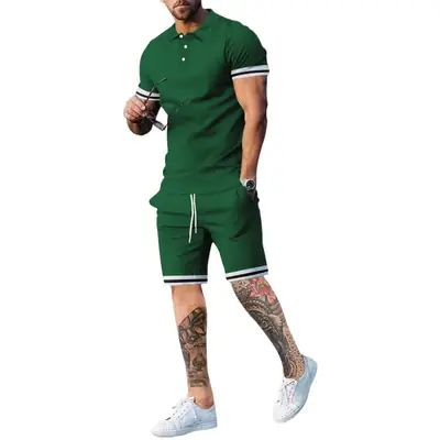 Men Green Sporty Shorts Set with Polo Shirt Large