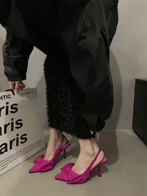 Pink Bow Pointed Stiletto Heels with French Skirt