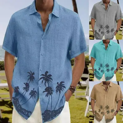 2023 Men's Printed Lapel Shirt Teal Palm Leaf Design