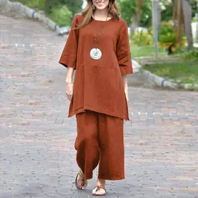 2023 Women's Cotton Linen Long Sleeve Pants Set Large