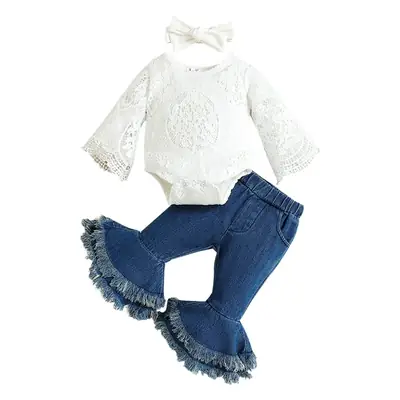 White Lace Baby Suit with Denim Bell Bottoms and Bow