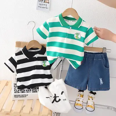Children's Striped T-Shirt & Shorts Set Green White Cotton