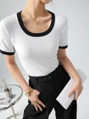 Women's Contrasting Color T-Shirt Large Round Neck Short Sleeve Cotton French Style