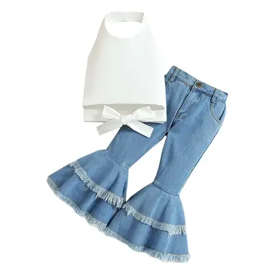 White Bow Backless Top for Girls Summer Suit