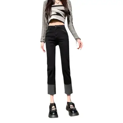 Women's Black Slim Fit Cropped Pants with Flanges