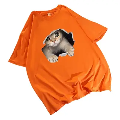 Women Loose T-Shirt White Cat Print