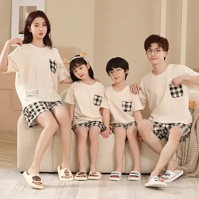 Summer Family Pajamas Green Cotton Shorts Set for Boys Girls
