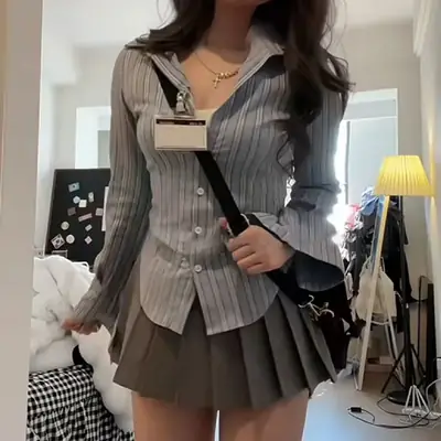 Striped Waist Shirt & Pleated Skirt Set for Women