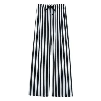 Women Ice Silk Wide Leg Pants Black Star Print High Waist