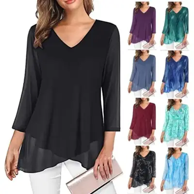 Women's Blue V-Neck Mesh Corset Top 3/4 Sleeve