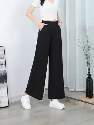 Black Wide Leg Pants with High Waist Elastic Design