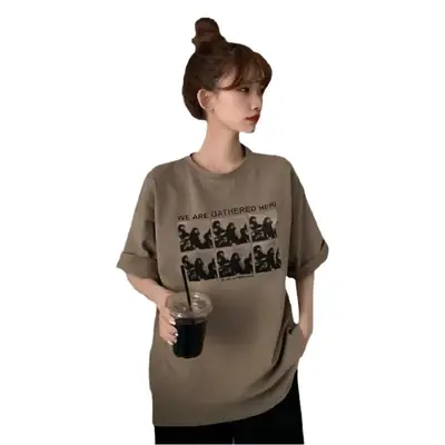 Women Printed Korean Style T-Shirt Brown Loose Fit