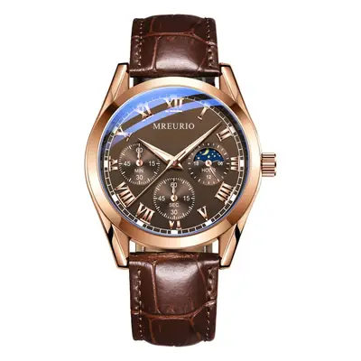 Men's 3-Diode Quartz Watch Rose Gold Brown Leather Band
