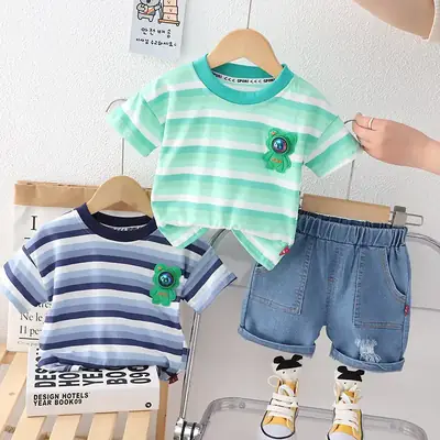 Summer Striped T-Shirt Shorts Set for Boys Blue Cotton
