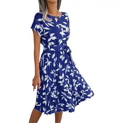 Blue Leaf Print Short Sleeve Pleated Dress for Women
