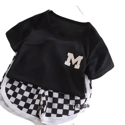 White M Print Kids T-Shirt & Checkered Shorts Set