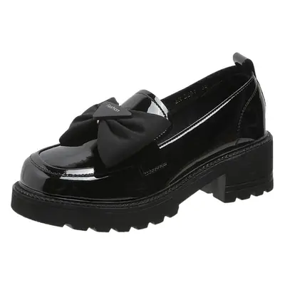 Women's Black Bow Loafers with Thick Sole Mid-Heel