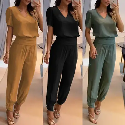 Cross-Border V Neck Printed Pants Suit Two-Piece Set